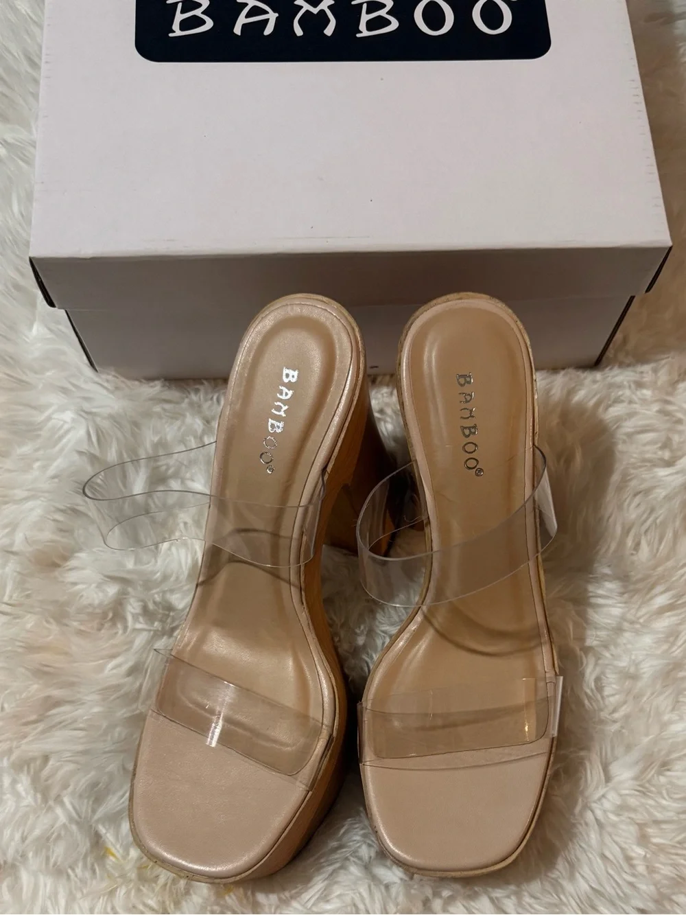 BAMBOO Clear Strap Platform Heels with Nude Footbed